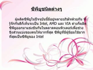 ซีพียูชนิดต่างๆ ผู้ผลิตซีพียูในปัจจุบันนี้มีอยู่หลายบริษัทด้วยกัน ที่รู้จักกันดีก็เห็นจะเป็น  Intel, AMD  และ  VIA  ต่างก็ผลิตซีพียูออกมาแข่งขันกันในตลาดคอมพิวเตอร์เพื่อช่วงชิงส่วนแบ่งของตนให้มากที่สุด ซีพียูที่มีผู้นิยมใช้มากที่สุดเป็นซีพียูของ  Intel  