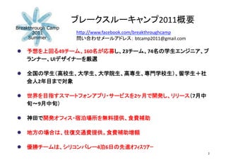 2011   	
                            h&p://www.facebook.com/breakthroughcamp	
 ?
                                                    	
 ?btcamp2011@gmail.com	

??            49               160              23              74
         UI                          	
 ?

??
     2               	
 ?

??                                                   2                               7
     9        	
 ?

??                                                              	
 ?

??                                                       	
 ?

??                                   4 6                               	
 ?
                                                                                          2	
 ?
 