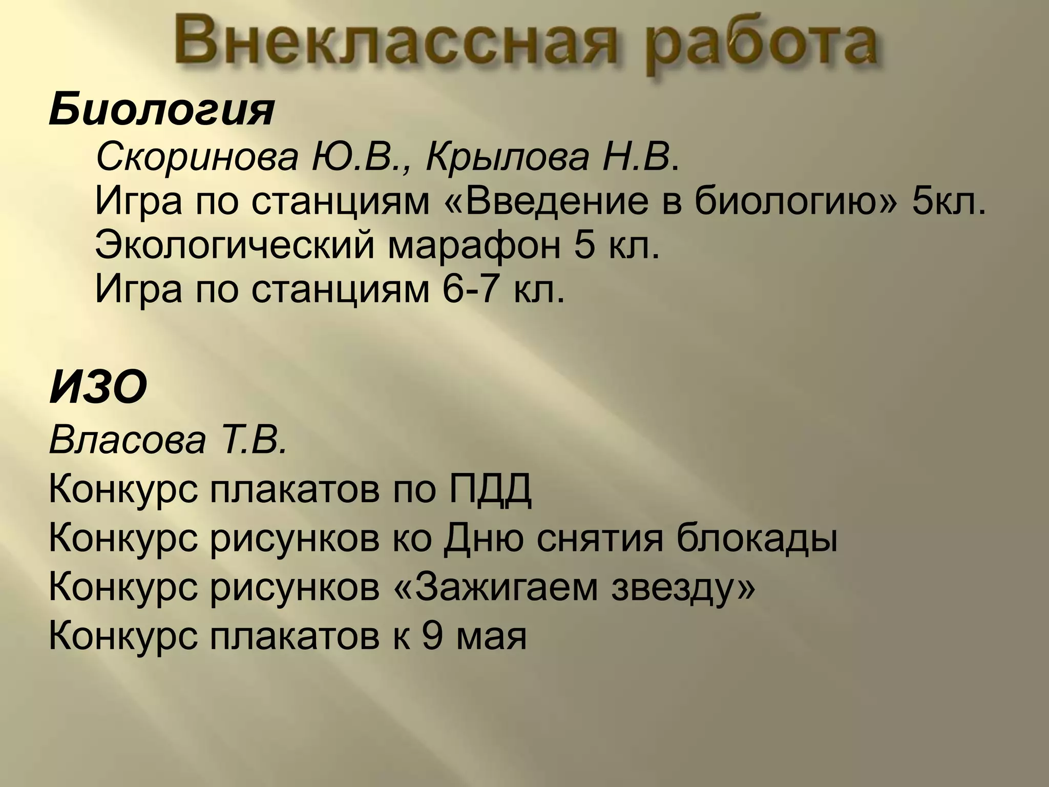 Внеклассная работаБиологияСкоринова Ю.В., Крылова Н.В.Игра по станциям «Введение в биологию» 5кл.Экологический марафон 5 кл.Игра по станциям 6-7 кл.ИЗОВласова Т.В.Конкурс плакатов по ПДДКонкурс рисунков ко Дню снятия блокадыКонкурс рисунков «Зажигаем звезду»Конкурс плакатов к 9 мая