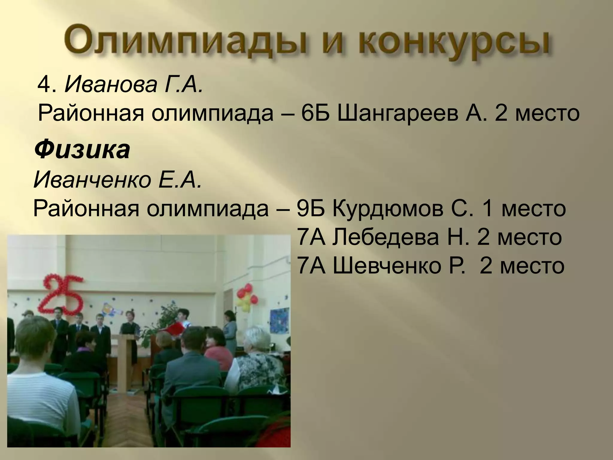Олимпиады и конкурсы4. Иванова Г.А.Районная олимпиада – 6Б Шангареев А. 2 местоФизикаИванченко Е.А.Районная олимпиада – 9Б Курдюмов С. 1 место                                        7А Лебедева Н. 2 место                                        7А Шевченко Р.  2 место