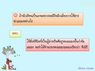  ถ้านักเรียนเป็นเกษตรกรจะมีวีหลีกเลี่ยงการใช้สาร
ฆ่าแมลงอย่างไร

ตอบ
         ใช้สิ่งมีชีวิตที่เป็นผู้ล่าหรือศัตรูของแมลงนั้นกาจัด
         แมลง จะทาให้จานวนของแมลงลดลงเรียกว่า ชีววิธี



                                                    ฉวีวรรณ นาคบุตร
 