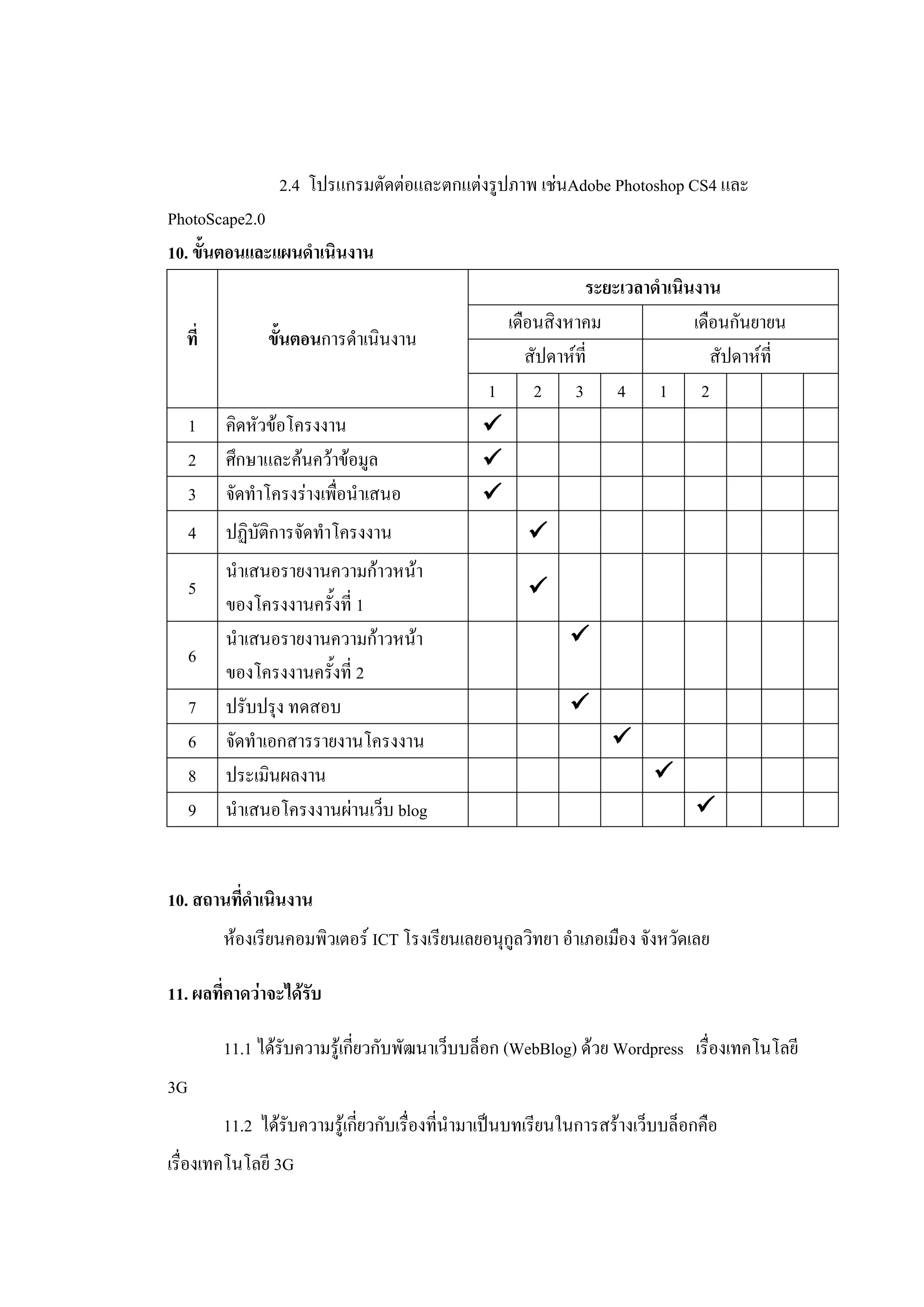 2.4 โปรแกรมตัดต่อและตกแต่งรูปภาพ เช่นAdobe Photoshop CS4 และ
PhotoScape2.0
10. ขั้นตอนและแผนดาเนินงาน
                                                            ระยะเวลาดาเนินงาน
                                                 เดือนสิงหาคม             เดือนกันยายน
  ที่          ขั้นตอนการดาเนินงาน
                                                    สัปดาห์ที่               สัปดาห์ที่
                                               1     2 3 4 1 2
     1   คิดหัวข้อโครงงาน                      
     2   ศึกษาและค้นคว้าข้อมูล                 
     3   จัดทาโครงร่างเพื่อนาเสนอ              
     4   ปฏิบัติการจัดทาโครงงาน                       
         นาเสนอรายงานความก้าวหน้า
     5                                                
         ของโครงงานครั้งที่ 1
         นาเสนอรายงานความก้าวหน้า                           
     6
         ของโครงงานครั้งที่ 2
     7   ปรับปรุง ทดสอบ                                     
     6   จัดทาเอกสารรายงานโครงงาน                                 
     8   ประเมินผลงาน                                                   
     9   นาเสนอโครงงานผ่านเว็บ blog                                           


10. สถานที่ดาเนินงาน
         ห้องเรียนคอมพิวเตอร์ ICT โรงเรียนเลยอนุกูลวิทยา อาเภอเมือง จังหวัดเลย

11. ผลที่คาดว่าจะได้รับ

         11.1 ได้รับความรู้เกี่ยวกับพัฒนาเว็บบล็อก (WebBlog) ด้วย Wordpress เรื่องเทคโนโลยี
3G
         11.2 ได้รับความรู้เกี่ยวกับเรื่องที่นามาเป็นบทเรียนในการสร้างเว็บบล็อกคือ
เรื่องเทคโนโลยี 3G
 