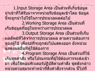            1.Input Storage Area  เป็นส่วนที่เก็บข้อมูลนำเข้าที่ได้รับมาจากหน่วยรับข้อมูลเข้าโดย ข้อมูลนี้จะถูกนำไปใช้ในการประมวลผลต่อไป                 2.Working Storage Area  เป็นส่วนที่เก็บข้อมูลที่อยู่ในระหว่างการประมวลผล                 3.Output Storage Area  เป็นส่วนที่เก็บผลลัพธ์ที่ได้จากการประมวลผล ตามความต้องการของผู้ใช้ เพื่อรอที่จะถูกส่งไปแสดงออก ยังหน่วยแสดงผลอื่นที่ผู้ใช้ต้องการ                 4.Program Storage Area  เป็นส่วนที่ใช้เก็บชุดคำสั่ง หรือโปรแกรมที่ผู้ใช้ต้องการจะส่งเข้ามา เพื่อใช้คอมพิวเตอร์ปฏิบัติตามคำสั่ง ชุดดังกล่าว หน่วยควบคุมจะทำหน้าที่ดึงคำสั่งจากส่วน นี้ไปที่ละคำสั่งเพื่อทำการแปลความหมาย ว่าคำสั่งนั้นสั่งให้ทำอะไร จากนั้นหน่วยควบคุม จะไปควบคุมฮาร์ดแวร์ที่ต้องการทำงานดังกล่าวให้ทำงานตามคำสั่งนั้นๆ 