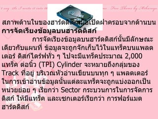 สภาพด้านในของฮาร์ดดิสก์เมื่อเปิดฝาครอบจากด้านบน การจัดเรียงข้อมูลบนฮาร์ดดิสก์                การจัดเรียงข้อมูลบนฮาร์ดดิสก์นั้นมีลักษณะเดียวกับแผนที่ ข้อมูลจะถูกจักเก็บไว้ในแทร็คบนแพลตเตอร์ ดิสก์ไดร์ฟทั่ว ๆ ไปจะมีแทร็คประมาณ   2,000  แทร็ค ต่อนิ้ว  ( TPI) Cylinder  จะหมายถึงกลุ่มของ  Track  ที่อยู่ บริเวณหัวอ่านเขียนบนทุก ๆ แพลตเตอร์ ในการเข้าอ่านข้อมูลนั้นแต่ละแทร็คจะถูกแบ่งออกเป็นหน่วยย่อย ๆ เรียกว่า  Sector  กระบวนการในการจัดการดิสก์ ให้มีแทร็ค และเซกเตอร์เรียกว่า การฟอร์แมต ฮาร์ดดิสก์  