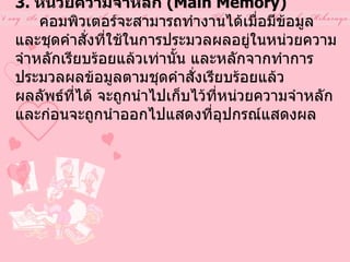 3.  หน่วยความจำหลัก  ( Main Memory)        คอมพิวเตอร์จะสามารถทำงานได้เมื่อมีข้อมูล และชุดคำสั่งที่ใช้ในการประมวลผลอยู่ในหน่วยความ จำหลักเรียบร้อยแล้วเท่านั้น และหลักจากทำการประมวลผลข้อมูลตามชุดคำสั่งเรียบร้อยแล้ว ผลลัพธ์ที่ได้ จะถูกนำไปเก็บไว้ที่หน่วยความจำหลัก และก่อนจะถูกนำออกไปแสดงที่อุปกรณ์แสดงผล   