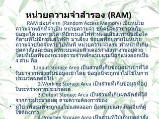 หน่วยความจำสำรอง  ( RAM)                  RAM  ย่อมาจาก  ( Random Access Memory)  เป็นหน่วยความจำหลักที่จำเป็น หน่วยความจำ ชนิดนี้จะสามารถเก็บข้อมูลได้ เฉพาะเวลาที่มีกระแสไฟฟ้าหล่อเลี้ยงเท่านั้นเมื่อใดก็ตามที่ไม่มีกระแสไฟฟ้า มาเลี้ยง ข้อมูลที่อยู่ภายในหน่วยความจำชนิดจะหายไปทันที หน่วยความจำแรม ทำหน้าที่เก็บชุดคำสั่งและข้อมูลที่ระบบคอมพิวเตอร์กำลังทำงานอยู่ด้วย โดยที่เนื้อที่ของหน่วยความจำหลักแบบแรมนี้ถูกแบ่งออกเป็น  4  ส่วน คือ                  1.Input Storage Area  เป็นส่วนที่เก็บข้อมูลนำเข้าที่ได้รับมาจากหน่วยรับข้อมูลเข้าโดย ข้อมูลนี้จะถูกนำไปใช้ในการประมวลผลต่อไป                 2.Working Storage Area  เป็นส่วนที่เก็บข้อมูลที่อยู่ในระหว่างการประมวลผล                 3.Output Storage Area  เป็นส่วนที่เก็บผลลัพธ์ที่ได้จากการประมวลผล ตามความต้องการของ ผู้ใช้ เพื่อรอที่จะถูกส่งไปแสดงออก ยังหน่วยแสดงผลอื่นที่ผู้ใช้ต้องการ                 4.Program Storage Area  เป็นส่วนที่ใช้เก็บชุดคำสั่ง หรือโปรแกรมที่ผู้ใช้ต้องการจะส่งเข้ามา เพื่อใช้คอมพิวเตอร์ปฏิบัติตามคำสั่ง ชุดดังกล่าว หน่วยควบคุมจะทำหน้าที่ดึงคำสั่งจากส่วน นี้ไปที่ละคำสั่งเพื่อทำการแปลความหมาย  