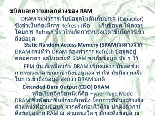 ชนิดและความแตกต่างของ   RAM                DRAM  จะทำการเก็บข้อมูลในตัวเก็บประจุ  ( Capacitor)  ซึ่งจำเป็นต้องมีการ  Refresh  เพื่อ  เก็บข้อมูล ให้คงอยู่โดยการ  Refresh  นี้ทำให้เกิดการหน่วงเวลาขึ้นในการเข้าถึงข้อมูล    Static Random Access Memory (SRAM) จะต่างจาก  DRAM  ตรงที่ว่า  DRAM  ต้องทำการ  Refresh  ข้อมูลอยู่ตลอดเวลา แต่ในขณะที่  SRAM  จะเก็บข้อมูล นั้น ๆ ไว้    FPM  นั้น ก็เหมือนกับ   DRAM  เพียงแต่ว่า มันลดช่วงการหน่วงเวลาขณะเข้าถึงข้อมูลลง ทำให้ มันมีความเร็วในการเข้าถึงข้อมูล สูงกว่า  DRAM  ปกติ  Extended-Data Output (EDO) DRAM               หรือเรียกอีกชื่อหนึ่งก็คือ  Hyper-Page Mode DRAM  ซึ่งพัฒนาขึ้นอีกระดับหนึ่ง โดยการที่มันจะอ้างอิง ตำแหน่งที่อ่านข้อมูล จากครั้งก่อนไว้ด้วย ปกติแล้วการดึงข้อมูลจาก  RAM  ณ ตำแหน่งใด ๆ มักจะดึงข้อมูล ณ ตำแหน่งที่อยู่ใกล้ ๆ จากการดึงก่อนหน้านี้ เพราะฉะนั้น ถ้ามีการอ้างอิง ณ ตำแหน่งเก่าไว้ก่อน 
