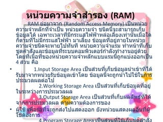 หน่วยความจำสำรอง  ( RAM)                  RAM  ย่อมาจาก  ( Random Access Memory)  เป็นหน่วยความจำหลักที่จำเป็น หน่วยความจำ ชนิดนี้จะสามารถเก็บข้อมูลได้ เฉพาะเวลาที่มีกระแสไฟฟ้าหล่อเลี้ยงเท่านั้นเมื่อใดก็ตามที่ไม่มีกระแสไฟฟ้า มาเลี้ยง ข้อมูลที่อยู่ภายในหน่วยความจำชนิดจะหายไปทันที หน่วยความจำแรม ทำหน้าที่เก็บชุดคำสั่งและข้อมูลที่ระบบคอมพิวเตอร์กำลังทำงานอยู่ด้วย โดยที่เนื้อที่ของหน่วยความจำหลักแบบแรมนี้ถูกแบ่งออกเป็น  4  ส่วน คือ                  1.Input Storage Area  เป็นส่วนที่เก็บข้อมูลนำเข้าที่ได้รับมาจากหน่วยรับข้อมูลเข้าโดย ข้อมูลนี้จะถูกนำไปใช้ในการประมวลผลต่อไป                 2.Working Storage Area  เป็นส่วนที่เก็บข้อมูลที่อยู่ในระหว่างการประมวลผล                 3.Output Storage Area  เป็นส่วนที่เก็บผลลัพธ์ที่ได้จากการประมวลผล ตามความต้องการของ ผู้ใช้ เพื่อรอที่จะถูกส่งไปแสดงออก ยังหน่วยแสดงผลอื่นที่ผู้ใช้ต้องการ                 4.Program Storage Area  เป็นส่วนที่ใช้เก็บชุดคำสั่ง หรือโปรแกรมที่ผู้ใช้ต้องการจะส่งเข้ามา เพื่อใช้คอมพิวเตอร์ปฏิบัติตามคำสั่ง ชุดดังกล่าว หน่วยควบคุมจะทำหน้าที่ดึงคำสั่งจากส่วน นี้ไปที่ละคำสั่งเพื่อทำการแปลความหมาย  