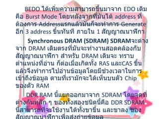           BEDO  ได้เพิ่มความสามารถขึ้นมาจาก  EDO  เดิม คือ  Burst Mode  โดยหลังจากที่มันได้  address  ที่ ต้องการ  Address แรกแล้วมันก็จะทำการ  Generate  อีก  3 address  ขึ้นทันที ภายใน  1  สัญญาณนาฬิกา  Synchronous DRAM (SDRAM) SDRAM จะต่างจาก  DRAM  เดิมตรงที่มันจะทำงานสอดคล้องกับสัญญาณนาฬิกา สำหรับ  DRAM  เดิมจะ ทราบตำแหน่งที่อ่าน ก็ต่อเมื่อเกิดทั้ง  RAS  และ CAS  ขึ้น แล้วจึงทำการไปอ่านข้อมูลโดยมีช่วงเวลาในการ เข้าถึงข้อมูล ตามที่เรามักจะได้เห็นบนตัว  Chip  ของตัว  RAM DDR RAM  นี้แยกออกมาจาก   SDRAM  โดยจุดที่ต่างกันหลัก ๆ ของทั้งสองชนิดนี้คือ  DDR SDRAM  นี้สามารถที่จะใช้งานได้ทั้งขาขึ้น และขาลง ของสัญญาณนาฬิกาเพื่อส่งถ่ายข้อมูล  Rambus DRAM (RDRAM)   ชื่อของ  RAMBUS  เป็นเครื่องหมายการค้าของบริษัท  RAMBUS Inc.  ซึ่งตั้งมาตั้งแต่ ยุค  80  