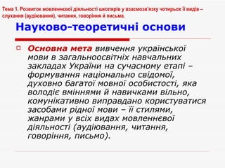 Науково-теоретичні основи Основна мета   вивчення української мови в загальноосвітніх навчальних закладах України на сучасному етапі – формування національно свідомої, духовно багатої мовної особистості, яка володіє вміннями й навичками вільно, комунікативно виправдано користуватися засобами рідної мови – її стилями, жанрами у всіх видах мовленнєвої діяльності (аудіювання, читання, говоріння, письмо). Тема 1. Розвиток мовленнєвої діяльності школярів у взаємозв’язку чотирьох її видів – слухання (аудіювання), читання, говоріння й письма. 
