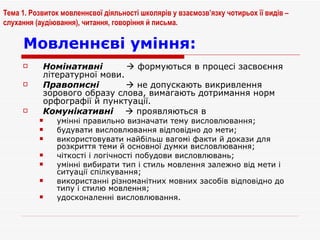 Мовленнєві уміння: Номінативні     формуються в процесі засвоєння літературної мови. Правописні           не допускають викривлення зорового образу слова, вимагають дотримання норм орфографії й пунктуації. Комунікативні     проявляються в  умінні правильно визначати тему висловлювання; будувати висловлювання відповідно до мети; використовувати найбільш вагомі факти й докази для розкриття теми й основної думки висловлювання; чіткості і логічності побудови висловлювань; умінні вибирати тип і стиль мовлення залежно від мети і ситуації спілкування; використанні різноманітних мовних засобів відповідно до типу і стилю мовлення; удосконаленні висловлювання. Тема 1. Розвиток мовленнєвої діяльності школярів у взаємозв’язку чотирьох її видів – слухання (аудіювання), читання, говоріння й письма. 