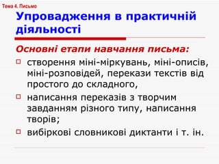 Упровадження в практичній діяльності Основні етапи навчання письма: створення міні-міркувань, міні-описів, міні-розповідей, перекази текстів від простого до складного, написання переказів з творчим завданням різного типу, написання творів;  вибіркові словникові диктанти і т. ін. Тема 4. Письмо   