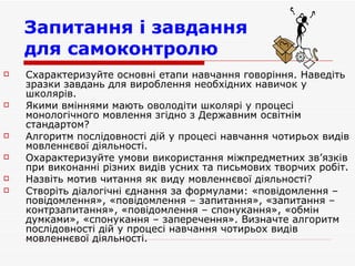 Запитання і завдання  для самоконтролю   Схарактеризуйте основні етапи навчання говоріння. Наведіть зразки завдань для вироблення необхідних навичок у школярів. Якими вміннями мають оволодіти школярі у процесі монологічного мовлення згідно з Державним освітнім стандартом? Алгоритм послідовності дій у процесі навчання чотирьох видів мовленнєвої діяльності. Охарактеризуйте умови використання міжпредметних зв’язків при виконанні різних видів усних та письмових творчих робіт. Назвіть мотив читання як виду мовленнєвої діяльності? Створіть діалогічні єднання за формулами: «повідомлення – повідомлення», «повідомлення – запитання», «запитання – контрзапитання», «повідомлення – спонукання», «обмін думками», «спонукання – заперечення». Визначте алгоритм послідовності дій у процесі навчання чотирьох видів мовленнєвої діяльності.   