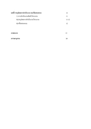 บทที่ 5 สรุ ปผลการดาเนินงาน และข้ อเสนอแนะ   12
         5.1การดาเนินงานจัดทาโครงงาน         11
         5.2 สรุ ปผลการดาเนินงานโครงงาน      11-12
       5.3 ข้อเสนอแนะ                        12


ภาคผนวก                                      13

บรรณานุกรม                                   14
 