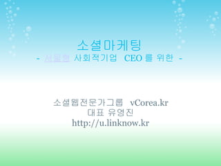 소셜마케팅 -  서울형  사회적기업  CEO 를 위한  - 소셜웹전문가그룹  vCorea.kr 대표 유영진 http://u.linknow.kr 