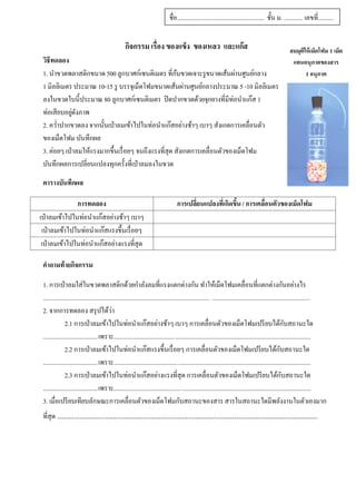 15
                                                                             ชื่อ........................................................ ชั้น ม. ............ เลขที่..........
                                                                             0.
                                                  กิจกรรม เรื่อง ของแข็ง ของเหลว และแก๊ส                                                             สมมุตให้ เม็ดโฟม 1 เม็ด
                                                                                                                                                          ิ
 วิธีทดลอง                                                                                                                                            แทนอนุภาคของสาร
                                                       ้
 1. นาขวดพลาสติกขนาด 500 ลูกบาศก์เซนติเมตร ที่กนขวดเจาะรู ขนาดเส้นผ่านศูนย์กลาง                                                                             1 อนุภาค
 1 มิลลิเมตร ประมาณ 10-15 รู บรรจุเม็ดโฟมขนาดเส้นผ่านศูนย์กลางประมาณ 5 -10 มิลลิเมตร
 ลงในขวดใบนี้ประมาณ 80 ลูกบาศก์เซนติเมตร ปิ ดปากขวดด้วยจุกยางที่มีท่อนาแก๊ส 1
              ่ ั
 ท่อเสียบอยูดงภาพ
 2. คว่าปากขวดลง จากนั้นเป่ าลมเข้าไปในท่อนาแก๊สอย่างช้าๆ เบาๆ สังเกตการเคลื่อนตัว
 ของเม็ดโฟม บันทึกผล
 3. ค่อยๆ เป่ าลมให้แรงมากขึ้นเรื่ อยๆ จนถึงแรงที่สุด สังเกตการเคลื่อนตัวของเม็ดโฟม
 บันทึกผลการเปลี่ยนแปลงทุกครั้งที่เป่ าลมลงในขวด
 ตารางบันทึกผล

               การทดลอง                                                           การเปลี่ยนแปลงที่เกิดขึน / การเคลื่อนตัวของเม็ดโฟม
                                                                                                         ้
เป่ าลมเข้าไปในท่อนาแก๊สอย่างช้าๆ เบาๆ
 เป่ าลมเข้าไปในท่อนาแก๊สแรงขึ้นเรื่ อยๆ
 เป่ าลมเข้าไปในท่อนาแก๊สอย่างแรงที่สุด

 คาถามท้ ายกิจกรรม

 1. การเป่ าลมใส่ในขวดพลาสติกด้วยกาลังลมที่แรงแตกต่างกัน ทาให้เม็ดโฟมเคลื่อนที่แตกต่างกันอย่างไร
 ........................................................................................................... ...............................................................
 2. จากการทดลอง สรุ ปได้วา                   ่
               2.1 การเป่ าลมเข้าไปในท่อนาแก๊สอย่างช้าๆ เบาๆ การเคลื่อนตัวของเม็ดโฟมเปรี ยบได้กบสถานะใด                                                      ั
 ...................................เพราะ....................................... .......................................................................................
               2.2 การเป่ าลมเข้าไปในท่อนาแก๊สแรงขึ้นเรื่ อยๆ การเคลื่อนตัวของเม็ดโฟมเปรี ยบได้กบสถานะใด                                                 ั
 ...................................เพราะ......................................... .....................................................................................
               2.3 การเป่ าลมเข้าไปในท่อนาแก๊สอย่างแรงที่สุด การเคลื่อนตัวของเม็ดโฟมเปรี ยบได้กบสถานะใด                                                    ั
 ...................................เพราะ........................................... ...................................................................................
 3. เมื่อเปรี ยบเทียบลักษณะการเคลื่อนตัวของเม็ดโฟมกับสถานะของสาร สารในสถานะใดมีพลังงานในตัวเองมาก
 ที่สุด ......................................................................
                                                                            ............................................................
 
