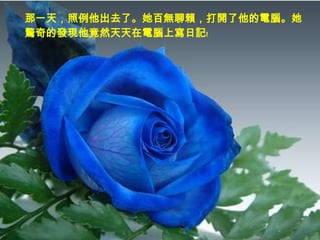 那一天，照例他出去了。她百無聊賴，打開了他的電腦。她
驚奇的發現他竟然天天在電腦上寫日記﹗
 