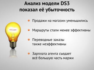Анализ модели DS3
показал еѐ убыточность

     Продажи на магазин уменьшились

     Маршруты стали менее эффективны

     Переводные заказы
     также неэффективны

     Зарплата агента съедает
     всѐ большую часть маржи
 