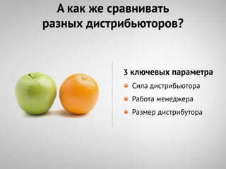 А как же сравнивать
разных дистрибьюторов?


            3 ключевых параметра
             Сила дистрибьютора
             Работа менеджера
             Размер дистрибутора
 