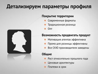 Детализируем параметры профиля
            Покрытие территории
               Современные форматы
               Традиционная розница
               Опт

            Возможность продвигать продукт
               Мотивация агентов эффективна
               Промо для розницы эффективны
               Все СКЮ производителя заведены

            Общие
               Рост относительно прошлого года
               Ценовые архитектуры
               Платежи в срок
 