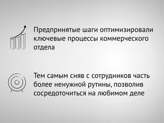 Предпринятые шаги оптимизировали
ключевые процессы коммерческого
отдела


Тем самым сняв с сотрудников часть
более ненужной рутины, позволив
сосредоточиться на любимом деле
 