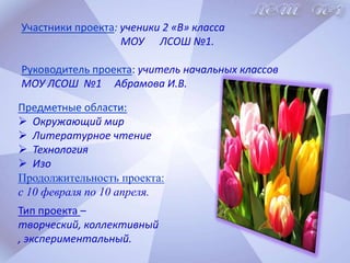 Участники проекта: ученики 2 «В» класса                                      МОУ      ЛСОШ №1.Руководитель проекта:учитель начальных классов МОУ ЛСОШ  №1     Абрамова И.В.Предметные области:  Окружающий мир
