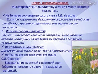 Цель проекта:вырастить тюльпаны                            к празднику 8 Марта.Задачи проекта:    рассмотреть условия, необходимые для роста цветов в комнатных условиях зимой;