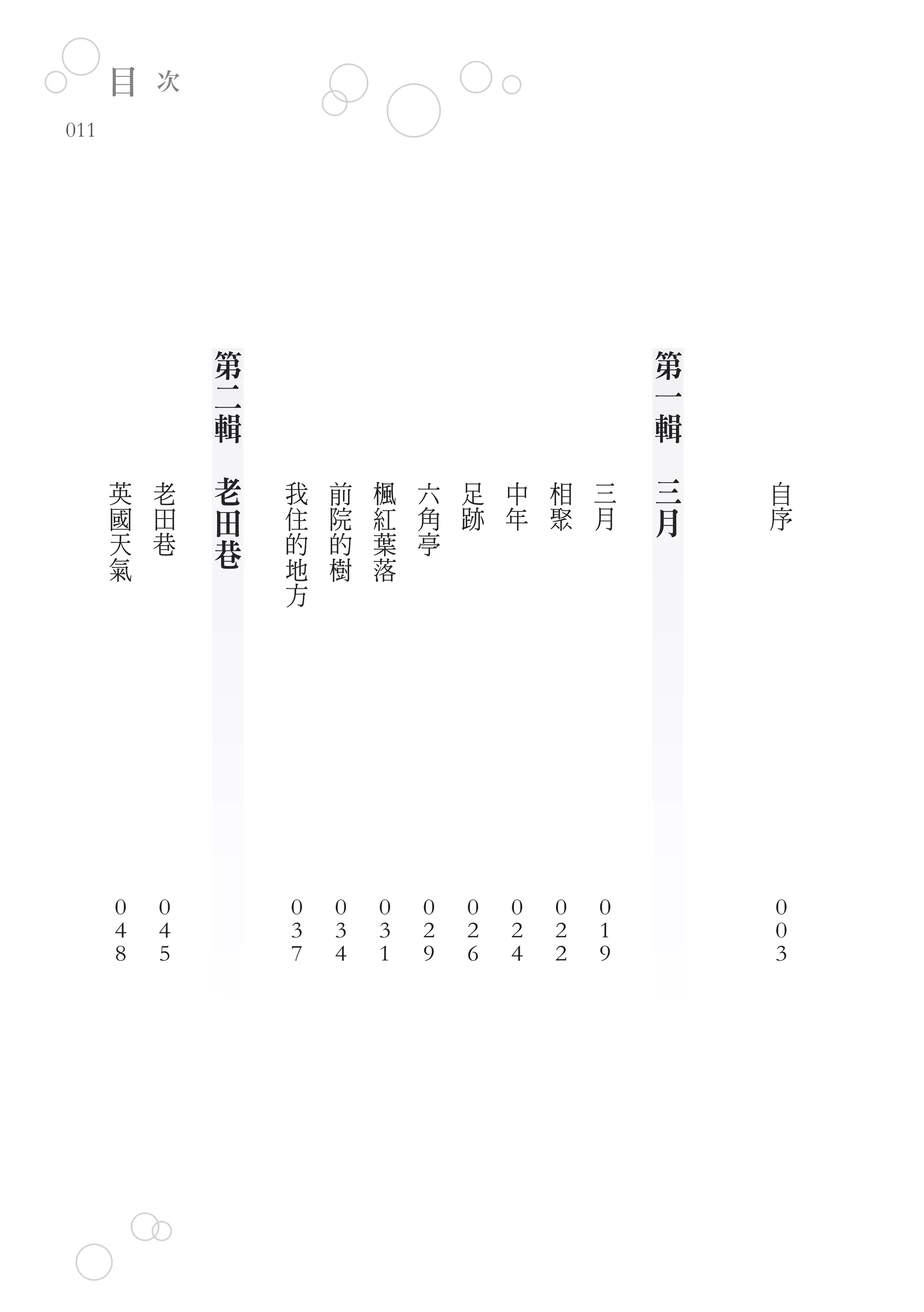 目   次
011




                  第                                       第
                  二                                       一
                  輯                                       輯
              　                                       　
      英   老       老   我   前   楓   六   足   中   相   三       三   自
      國   田       田   住   院   紅   角   跡   年   聚   月       月   序
      天   巷       巷   的   的   葉   亭
      氣               地   樹   落
                      方




      0   0           0   0   0   0   0   0   0   0           0
      4   4           3   3   3   2   2   2   2   1           0
      8   5           7   4   1   9   6   4   2   9           3
 