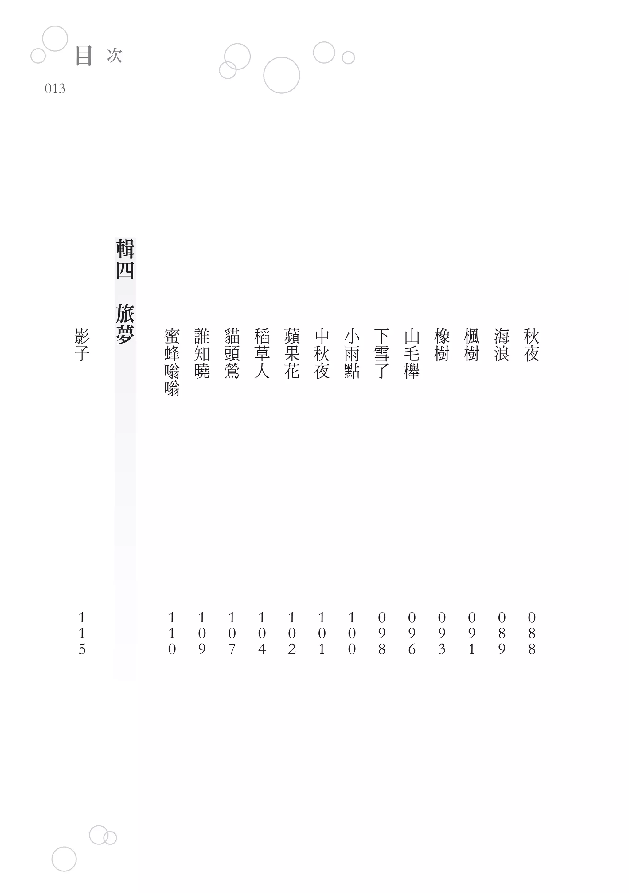 目   次
013




              輯
              四
          　
              旅
      影       夢   蜜   誰   貓   稻   蘋   中   小   下   山   橡   楓   海   秋
      子           蜂   知   頭   草   果   秋   雨   雪   毛   樹   樹   浪   夜
                  嗡   曉   鶯   人   花   夜   點   了   櫸
                  嗡




      1           1   1   1   1   1   1   1   0   0   0   0   0   0
      1           1   0   0   0   0   0   0   9   9   9   9   8   8
      5           0   9   7   4   2   1   0   8   6   3   1   9   8
 