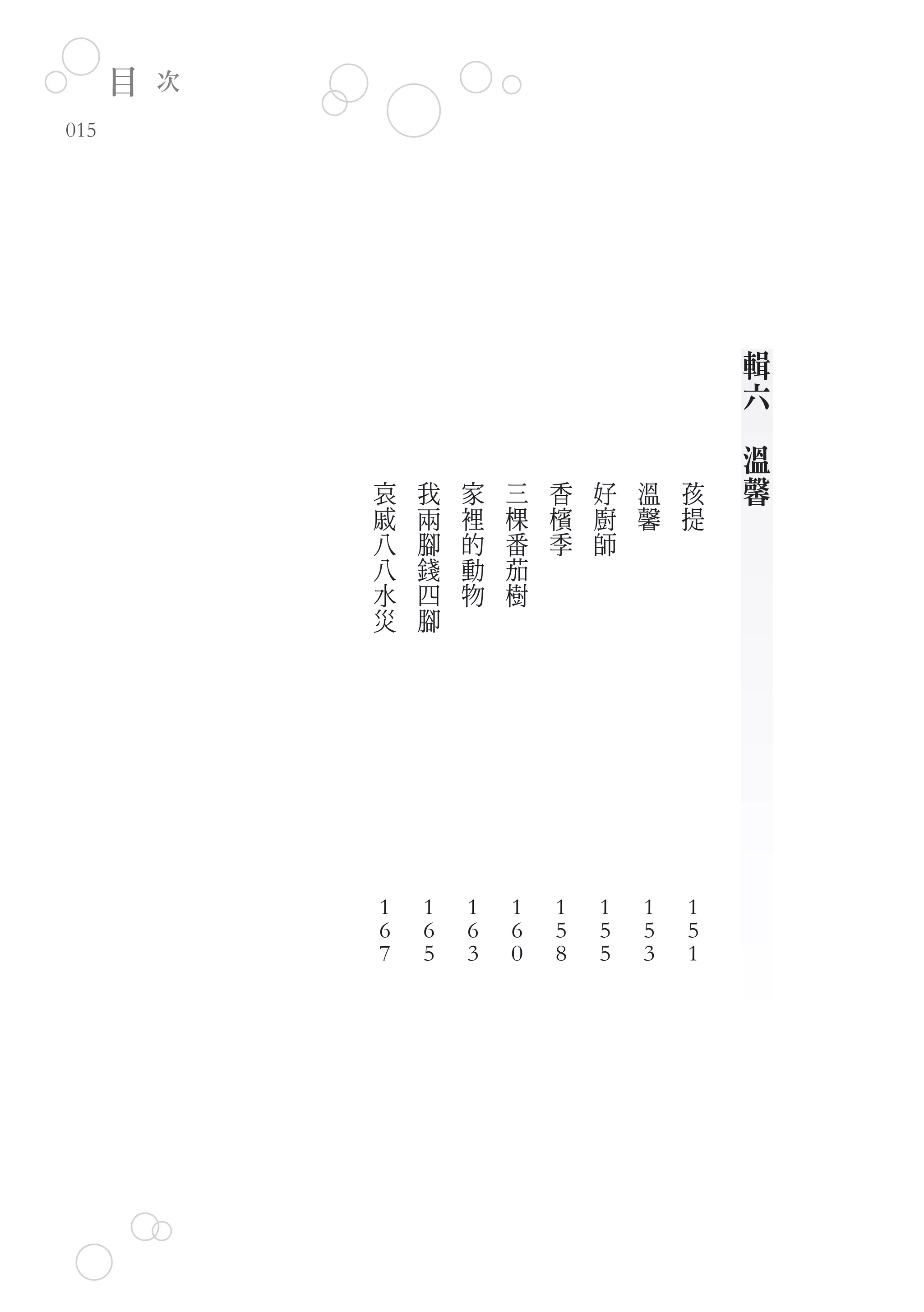 目   次
015




                                                  輯
                                                  六
                                              　
                                                  溫
              哀   我   家   三   香   好   溫   孩       馨
              戚   兩   裡   棵   檳   廚   馨   提
              八   腳   的   番   季   師
              八   錢   動   茄
              水   四   物   樹
              災   腳




              1   1   1   1   1   1   1   1
              6   6   6   6   5   5   5   5
              7   5   3   0   8   5   3   1
 