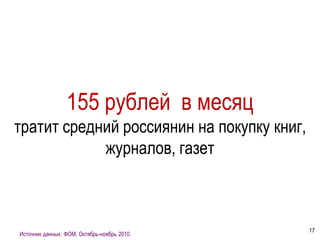 155 рублей в месяц
тратит средний россиянин на покупку книг,
            журналов, газет



                                             17
Источник данных: ФОМ. Октябрь-ноябрь 2010.
 