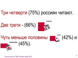Три четверти (75%) россиян читают.

Две трети - (66%)

Чуть меньше половины книги (42%) и
журналы(45%).

                                              5
 Источник данных: ФОМ. Октябрь-ноябрь 2010.
 