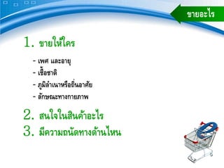ขายอะไร

1. ขายให้ใคร
  ‐ เพศ และอายุ
  ‐ เชื้อชาติ
  ‐ ภูมิลาเนาหรือถิ่นอาศัย
          ํ
  ‐ ลักษณะทางกายภาพ

2. สนใจในสินค้าอะไร
3. มีความถนัดทางด้านไหน
 