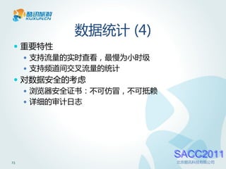 数据统计 (4)
  重要特性
    支持流量的实时查看，最慢为小时级
    支持频道间交叉流量的统计
  对数据安全的考虑
    浏览器安全证书：不可仿冒，不可抵赖
    详细的审计日志




                         SACC2011
23                       北京酷讯科技有限公司
 