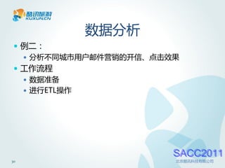 数据分析
  例二：
    分析不同城市用户邮件营销的开信、点击效果
  工作流程
    数据准备
    进行ETL操作




                        SACC2011
30                      北京酷讯科技有限公司
 