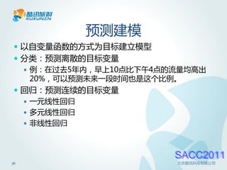 预测建模
  以自变量函数的方式为目标建立模型
  分类：预测离散的目标变量
    例：在过去5年内，早上10点比下午4点的流量均高出
     20%，可以预测未来一段时间也是这个比例。
  回归：预测连续的目标变量
    一元线性回归
    多元线性回归
    非线性回归




                         SACC2011
36                       北京酷讯科技有限公司
 