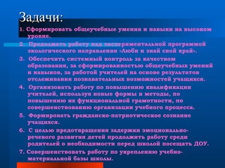 Задачи: 1.  Сформировать общеучебные умения и навыки на высоком уровне. 2.  Продолжать работу над экспериментальной программой экологического направления «Люби и знай свой край». 3.  Обеспечить системный контроль за качеством образования, за сформированностью общеучебных умений и навыков, за работой учителей на основе результатов отслеживания познавательных возможностей учащихся. 4.  Организовать работу по повышению квалификации учителей, используя новые формы и методы, по повышению их функциональной грамотности, по совершенствованию организации учебного процесса. 5.  Формировать гражданско-патриотическое сознание учащихся. 6.  С целью предотвращения задержки эмоционально-речевого развития детей продолжить работу среди родителей о необходимости перед школой посещать ДОУ. 7. Совершенствовать работу по укреплению учебно-материальной базы школы. 