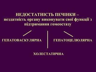 НЕДОСТАТНІСТЬ ПЕЧІНКИ –  нездатність органу виконувати свої функції з підтримання гомеостазу ГЕПАТОВАСКУЛЯРНА ГЕПАТОЦЕЛЮЛЯРНА ХОЛЕСТАТИЧНА 