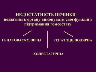 НЕДОСТАТНІСТЬ ПЕЧІНКИ –  нездатність органу виконувати свої функції з підтримання гомеостазу ГЕПАТОВАСКУЛЯРНА ГЕПАТОЦЕЛЮЛЯРНА ХОЛЕСТАТИЧНА 