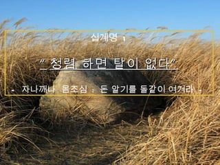 십계명  1 “ 청렴 하면 탈이 없다” -  자나깨나  몸조심  :  돈 알기를 돌같이 여겨라  -  