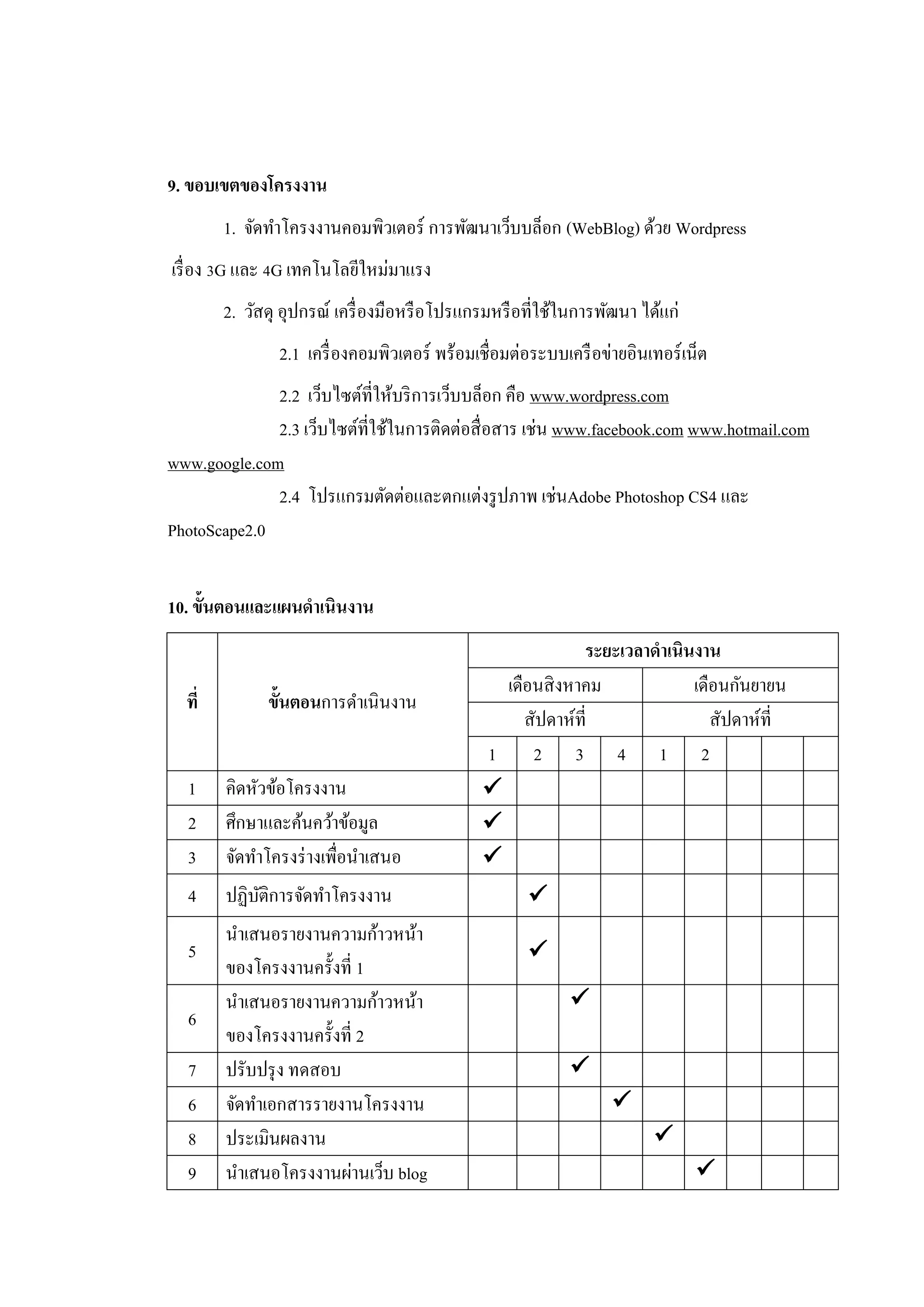 9. ขอบเขตของโครงงาน
        1. จัดทาโครงงานคอมพิวเตอร์ การพัฒนาเว็บบล็อก (WebBlog) ด้วย Wordpress
เรื่ อง 3G และ 4G เทคโนโลยีใหม่มาแรง
        2. วัสดุ อุปกรณ์ เครื่ องมือหรื อโปรแกรมหรื อที่ใช้ในการพัฒนา ได้แก่
                2.1 เครื่ องคอมพิวเตอร์ พร้อมเชื่อมต่อระบบเครื อข่ายอินเทอร์ เน็ต
              2.2 เว็บไซต์ที่ให้บริ การเว็บบล็อก คือ www.wordpress.com
              2.3 เว็บไซต์ท่ีใช้ในการติดต่อสื่ อสาร เช่น www.facebook.com www.hotmail.com
www.google.com
              2.4 โปรแกรมตัดต่อและตกแต่งรู ปภาพ เช่นAdobe Photoshop CS4 และ
PhotoScape2.0


10. ขั้นตอนและแผนดาเนินงาน
                                                           ระยะเวลาดาเนินงาน
                                                เดือนสิ งหาคม            เดือนกันยายน
  ที่         ขั้นตอนการดาเนินงาน
                                                   สัปดาห์ที่               สัปดาห์ที่
                                              1     2 3 4 1 2
  1     คิดหัวข้อโครงงาน                      
  2     ศึกษาและค้นคว้าข้อมูล                 
  3     จัดทาโครงร่ างเพื่อนาเสนอ             
  4     ปฏิบติการจัดทาโครงงาน
            ั                                        
        นาเสนอรายงานความก้าวหน้า
  5                                                  
        ของโครงงานครั้งที่ 1
        นาเสนอรายงานความก้าวหน้า                            
  6
        ของโครงงานครั้งที่ 2
  7     ปรับปรุ ง ทดสอบ                                     
  6     จัดทาเอกสารรายงานโครงงาน                                  
  8     ประเมินผลงาน                                                    
  9     นาเสนอโครงงานผ่านเว็บ blog                                             
 