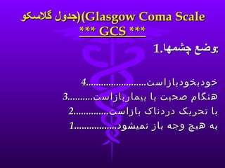 جدول گلاسکو ( (Glasgow Coma Scale *** GCS *** <ul><li>1. وضع چشمها : </li></ul><ul><li>خودبخودبازاست ........................