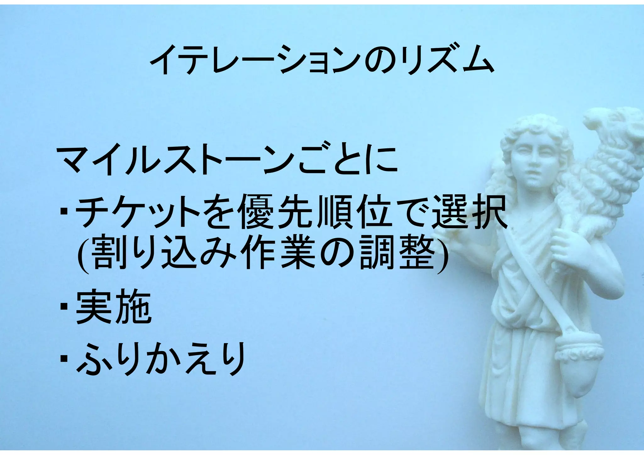 イテレーションのリズム

マイルストーンごとに
・チケットを優先順位で選択
 (割り込み作業の調整)
・実施
・ふりかえり
 