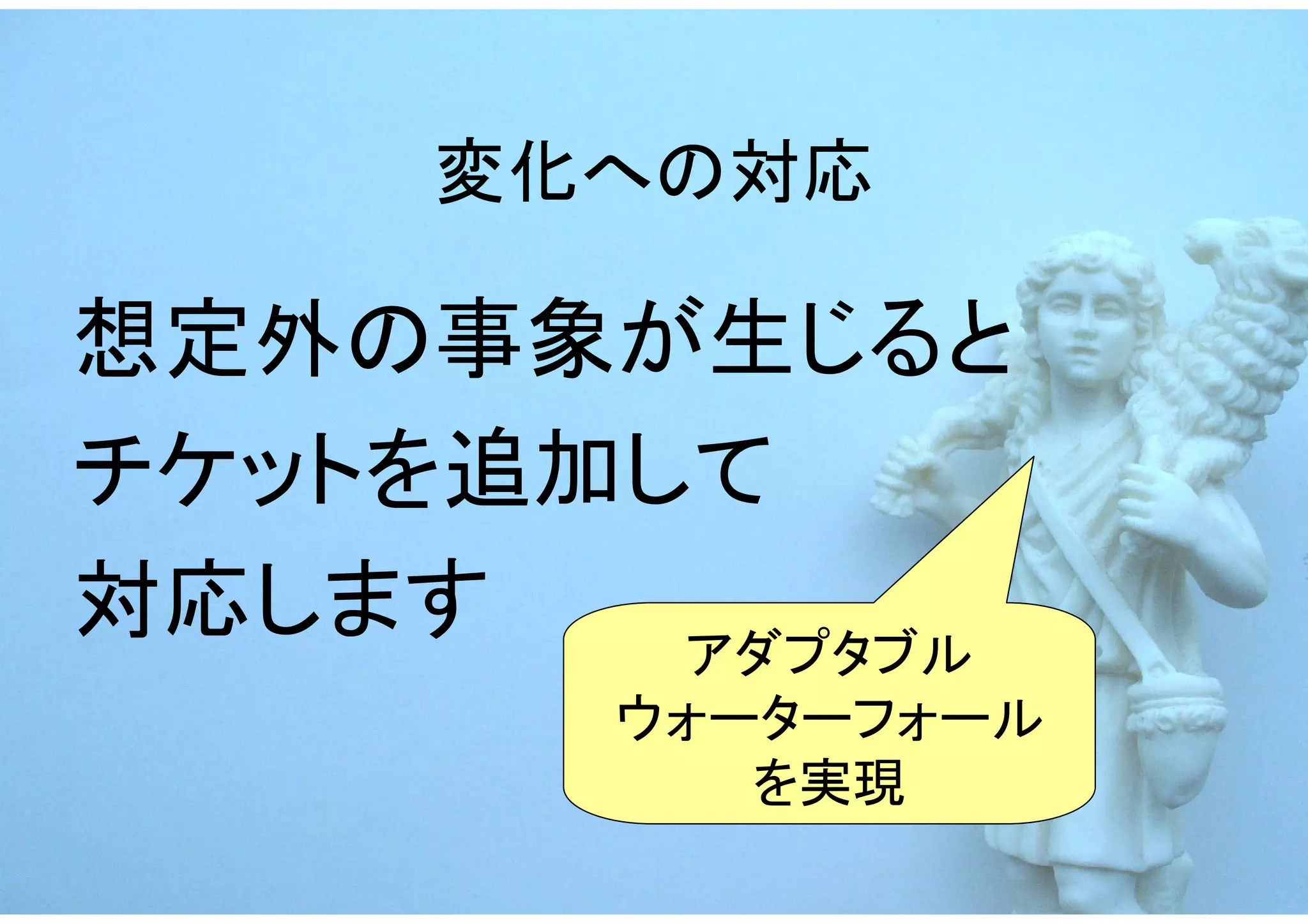 変化への対応

想定外の事象が生じると
チケットを追加して
対応します   アダプタブル
        ウォーターフォール
           を実現
 
