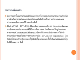 ประเภทของสือการสอน
           ่
 สื่อการสอนนั้นมีมากมายและได้ พัฒนาให้ เกิดขึ้นใหม่อยู่เสมอตามความเจริญก้ าวหน้ า
  ทางด้ านวิทยาศาสตร์และเทคโนโลยี นักเทคโนโลยีการศึกษา ได้ กาหนดและแบ่ง
  ประเภทของสื่อการสอนไว้ หลายท่านดังนี้
 Dale (1969 : 107 -128) ได้ แบ่งสื่อการสอนออกเป็ น 11 ประเภทโดยพิจารณา
  จากลักษณะของประสบการณ์ท่ได้ รับจากสื่อการสอน โดยยึดความเป็ นรูปธรรมและ
                                 ี
  นามธรรม(ConcreteandAbstract)เป็ นหลักในการแบ่งประเภทและได้ แบ่ง
  ประเภทสื่อการสอนในรูปกรวยประสบการณ์ (The Cone of experience) โดย
  ให้ ส่อที่มีความเป็ นรูปธรรมมากที่สดไปไว้ ท่ฐานกรวยและสื่อที่เป็ นนามธรรมน้ อยที่สด
        ื                            ุ        ี                                     ุ
  ไปไว้ ท่ยอดกรวย ดังนี้
          ี
 