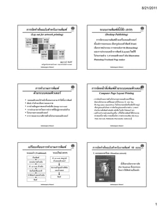8/21/2011




    การจัดทําต้นฉบับสําหรับงานพิ มพ์                                  KMITL            ระบบงานพิ มพ์ตงโต๊ะ (DTP)
                                                                                                      ั้                                           KMITL

       (Lay out for artwork printing)                                                     (Desktop Publishing)
                                                                                      การจัดระบบงานพิ มพ์ด้วยเครื่องคอมพิ วเตอร์
                                                                                ตังแต่การออกแบบ เลือกรูปแบบตัวพิ มพ์ (Font)
                                                                                  ้
                                                                                เลอกภาพประกอบ การตกแตงภาพ (R t hi )
                                                                                    ื       ป                 ่     (Retouching)
                                                                                และการประกอบหน้ าการพิ มพ์ (Layout) โดยใช้
                                                                                โปรแกรมต่าง ๆ ทางคอมพิ วเตอร์ เช่น IIlustration
                                                                                Photoshop Freehand Page maker
                                                      สุขมาภรณ์ ขันธ์ศรี
                                                         ุ
                          หลักสูตรนิเทศศาสตร์เกษตร คณะเทคโนโลยีการเกษตร
                         Sukhumaporn Khansri                                                          Sukhumaporn Khansri




              การทํางานการพิ มพ์                                      KMITL
                                                                                            ่
                                                                              การจัดหน้ าสิ งพิ มพ์ด้วยระบบคอมพิ วเตอร์
                                                                                                                     KMITL

            ด้วยระบบคอมพิ วเตอร์                                                    Computer Page Layout Printing
•    จอคอมพิ วเตอร์ทาหน้ าที่แทนกระดาษ ทําได้ทงการพิ มพ์
                      ํ                          ั้                            - การจัดหน้ าและภาพด้วยโปรแกรมทางคอมพิ วเตอร์ที่นิยม
                                                                                 มีหลายโปรแกรม แต่ที่นิยมมากทังในระบบ PC และ Mac
                                                                                                                    ้
•   ตัดปะ ทําสําเนาข้อความและภาพ
                                                                                 คือ Page maker, QuarkXPress ในโปรแกรมจะมีเครื่องมือให้วาดรูป
•        ่ ้               ั ั สื (Image// text scan)
    การอานขอมูลภาพและตวหนงสอ (I            t t )                                 เลือกรูปแบบตัวอักษร การจัดเรียงรูปแบบหน้ างานต่าง ๆ เหมาะ
•    การประมวลภาพ โดยการนําภาพที่มีอยู่มาตกแต่งด้วย                              สําหรับงานสิ่ งพิ มพ์ แผ่นพับ หนังสือ ใบปลิ ว โปสเตอร์ ฯลฯ
•   โปรแกรมทางคอมพิ วเตอร์                                                     - แต่ถ้าจะทํางานนําเสนอในรูปอื่น ๆ ที่ไม่ใช่งานพิ มพ์ ก็มีโปรแกรม
•   การวาดและระบายสีภาพด้วยโปรแกรมคอมพิ วเตอร์                                   นําเสนอทังภาพนิ่ ง ภาพเคลื่อนไหว ภาพประกอบเสียง เช่น Power
                                                                                            ้
                                                                                  Point, Out Look, Multimedia (Macromedia, Authoware)


                         Sukhumaporn Khansri                                                          Sukhumaporn Khansri




     เปรียบเทียบการทํางานการพิ มพ์                                    KMITL   การจัดทําต้นฉบับสําหรับงานพิ มพ์ 10 แบบKMITL
    ระบบเก่า (Traditional)                 ระบบใหม่ (DTP)                      1. แบบมองเดรียน (Mondrian artwork)
           เรียงพิ มพ์                    ทํา art work สมบูรณ์
       ตกแต่งภาพด้วยมือ                     ด้วยคอมพิ วเตอร์
                                                                                                                    ตังชื่อตามจิ ตรกรชาวดัช
                                                                                                                       ้
      ทํา art work ด้วยมือ              ส่งงานเข้าศูนย์ถ่ายฟิ ล์ม                                                (Piet Mondrian) ซึ่งออกแบบ
       ส่งสไลด์เพื่อแยกสี                    และทําเพลท                                                          โดยการใช้สดส่วนเป็ นหลัก
                                                                                                                             ั
     ทําฟิ ล์ม/ทําเพลทด้วยมือ
                                                  พิ มพ์
             พิ มพ์
                         Sukhumaporn Khansri                                                          Sukhumaporn Khansri




                                                                                                                                                            1
 