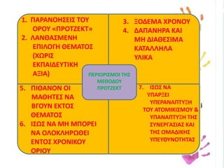 1.  ΠΑΡΑΝΟΗΣΕΙΣ ΤΟΥ ΟΡΟΥ «ΠΡΟΤΖΕΚΤ»2.  ΛΑΝΘΑΣΜΕΝΗ ΕΠΙΛΟΓΗ ΘΕΜΑΤΟΣ (ΧΩΡΙΣ ΕΚΠΑΙΔΕΥΤΙΚΗ ΑΞΙΑ)ΞΟΔΕΜΑ ΧΡΟΝΟΥΔΑΠΑΝΗΡΑ ΚΑΙ ΜΗ ΔΙΑΘΕΣΙΜΑ ΚΑΤΑΛΛΗΛΑ ΥΛΙΚΑΠΕΡΙΟΡΙΣΜΟΙ ΤΗΣ ΜΕΘΟΔΟΥ ΠΡΟΤΖΕΚΤΠΙΘΑΝΟΝ ΟΙ       ΜΑΘΗΤΕΣ ΝΑ        ΒΓΟΥΝ ΕΚΤΟΣ ΘΕΜΑΤΟΣΙΣΩΣ ΝΑ ΜΗ ΜΠΟΡΕΙ ΝΑ ΟΛΟΚΛΗΡΩΘΕΙ ΕΝΤΟΣ ΧΡΟΝΙΚΟΥ ΟΡΙΟΥΙΣΩΣ ΝΑ      ΥΠΑΡΞΕΙ ΥΠΕΡΑΝΑΠΤΥΞΗ   ΤΟΥ ΑΤΟΜΙΚΙΣΜΟΥ & ΥΠΑΝΑΠΤΥΞΗ ΤΗΣ ΣΥΝΕΡΓΑΣΙΑΣ ΚΑΙ ΤΗΣ ΟΜΑΔΙΚΗΣ ΥΠΕΥΘΥΝΟΤΗΤΑΣ