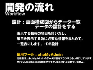 開発の流れ
Workflow

  設計 : 画面構成図からデータ一覧
   　　　　データの設計をする
    表 示 す る 情 報 の 項 目 を 拾 い だ し 、

    項 目 を 表 示 す る 為 に 必 要 な 情 報 を ま と め て 、

    一 覧 表 に し ま す 。→ D B 設 計 

    

    使 用 ツ ー ル 
:
p h p M y A d m in 
    定義書は、 phpMyAdminのデータ辞書をプラウザからpdfにしています。   
    MySQLWorkbench挑戦中ですが、      まだ使いこなせていません。
 