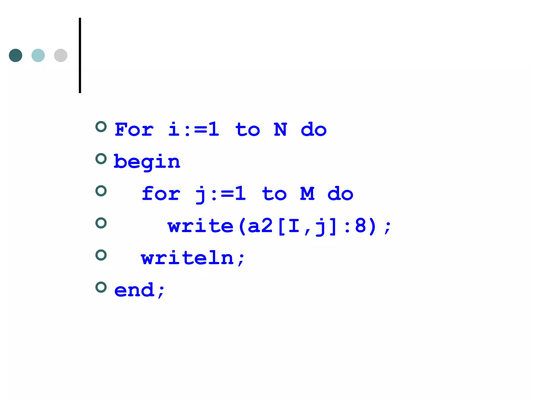 For i:=1 to N do begin for j:=1 to M do  write(a2[I,j]:8); writeln; end;  