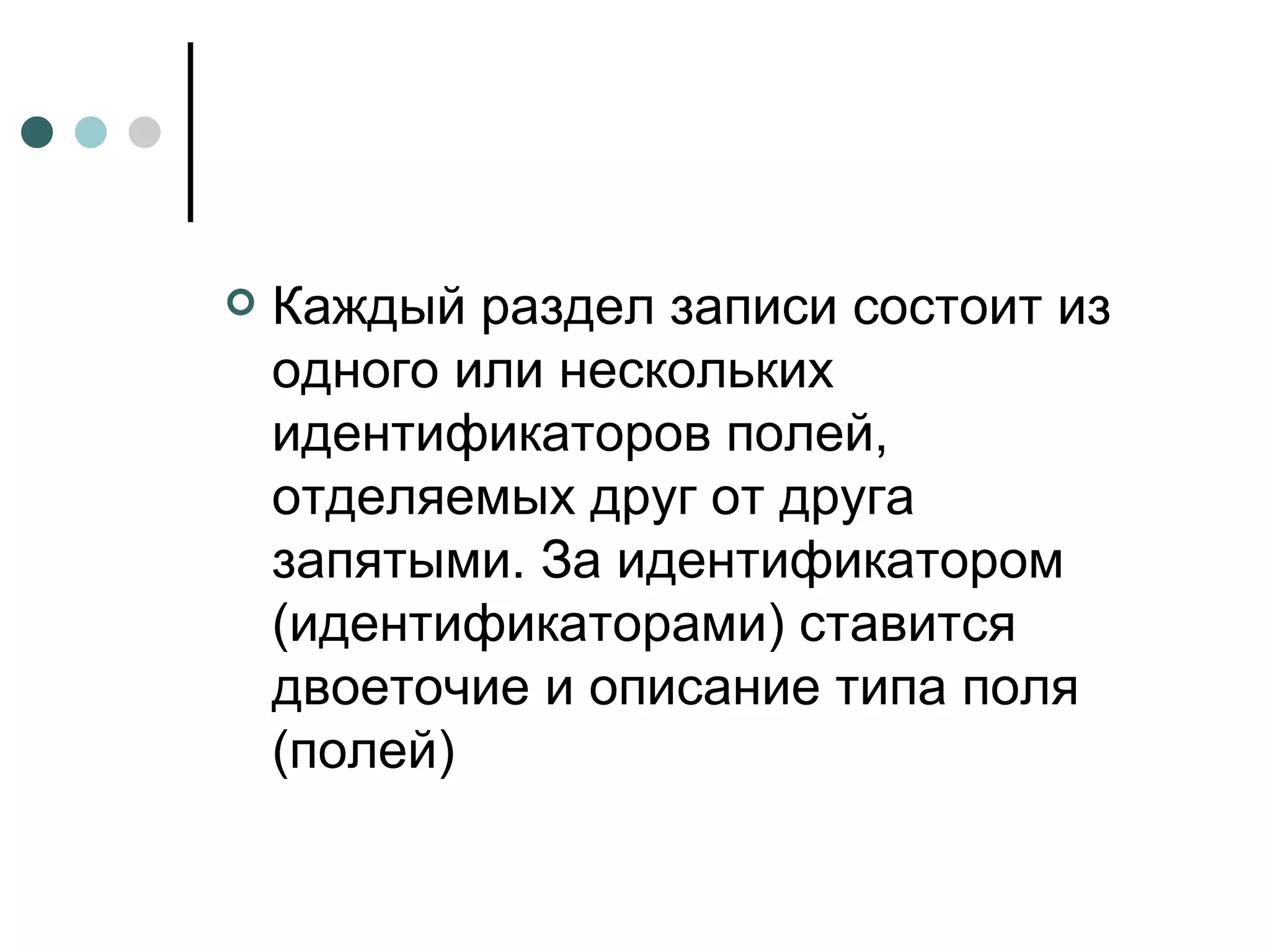 Каждый раздел записи состоит из одного или нескольких идентификаторов полей, отделяемых друг от друга запятыми. За идентификатором (идентификаторами) ставится двоеточие и описание типа поля (полей)  